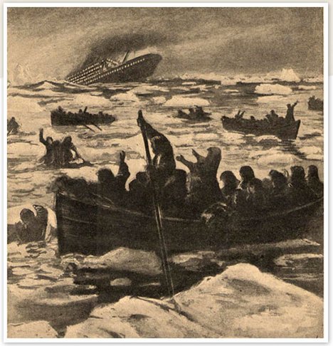 1912 illustration of the sinking of Titanic.